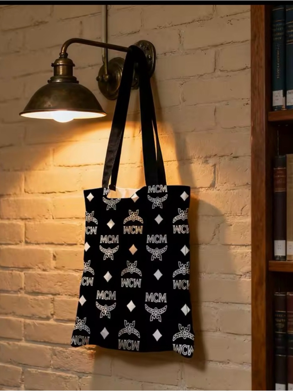 MCM Black Logo Print Canvas Tote Bag